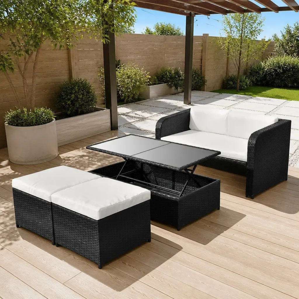 Garden Lounge Set Outdoor Furniture 4 Piece Black Powder-coated Steel PE Rattan Sofa Coffee Table Stools Cushions