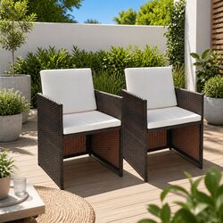 Outdoor Dining Chairs 2 pcs Brown Poly Rattan Garden Patio Seating with Cushions