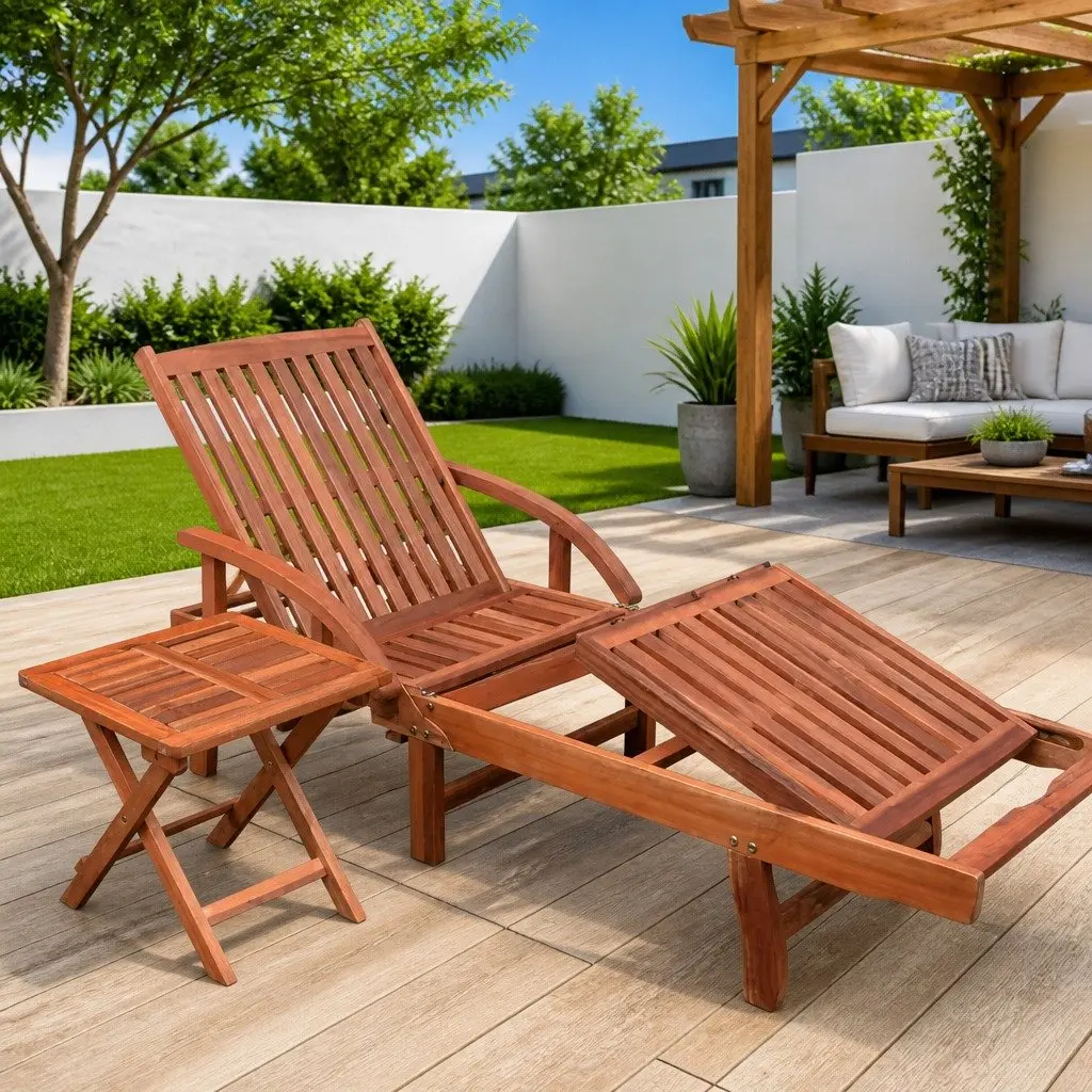 Sun Lounger with Side Table Adjustable Backrest Solid Acacia Wood Brown Outdoor Chaise Lounge Garden Patio