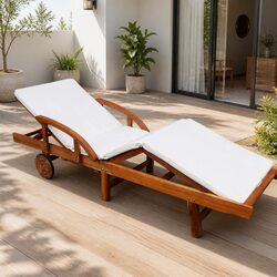Sun Lounger Wooden Garden Daybed Adjustable Backrest Wheels Cushion Outdoor