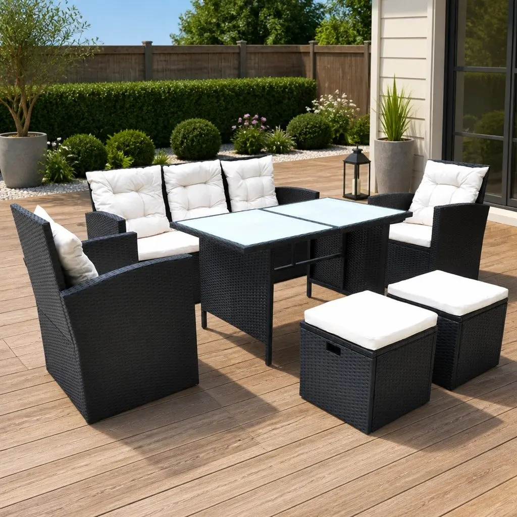 Outdoor Dining Set 6 Piece Weather Resistant Poly Rattan Garden Furniture Patio Table Sofa Chair Black