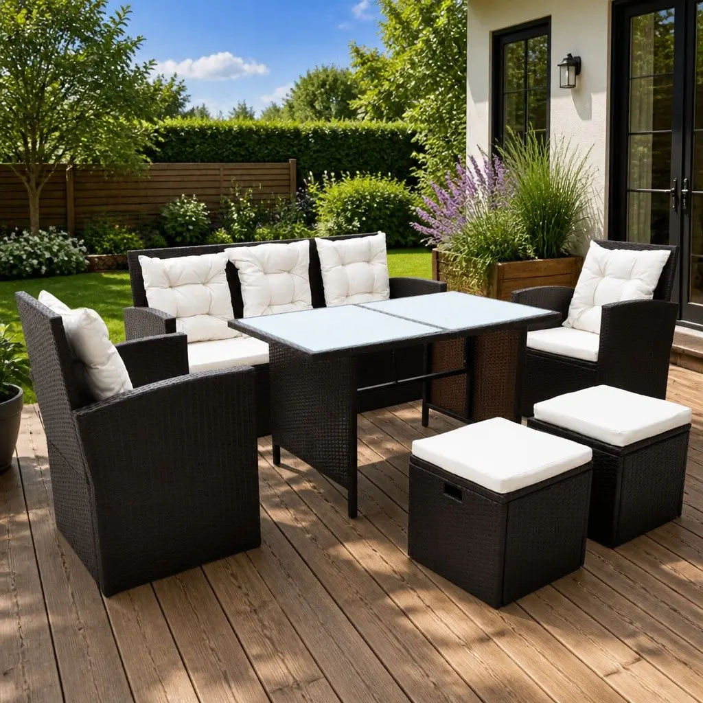 Outdoor Dining Set 6 Piece Rattan Furniture Garden Patio Brown with Cushions