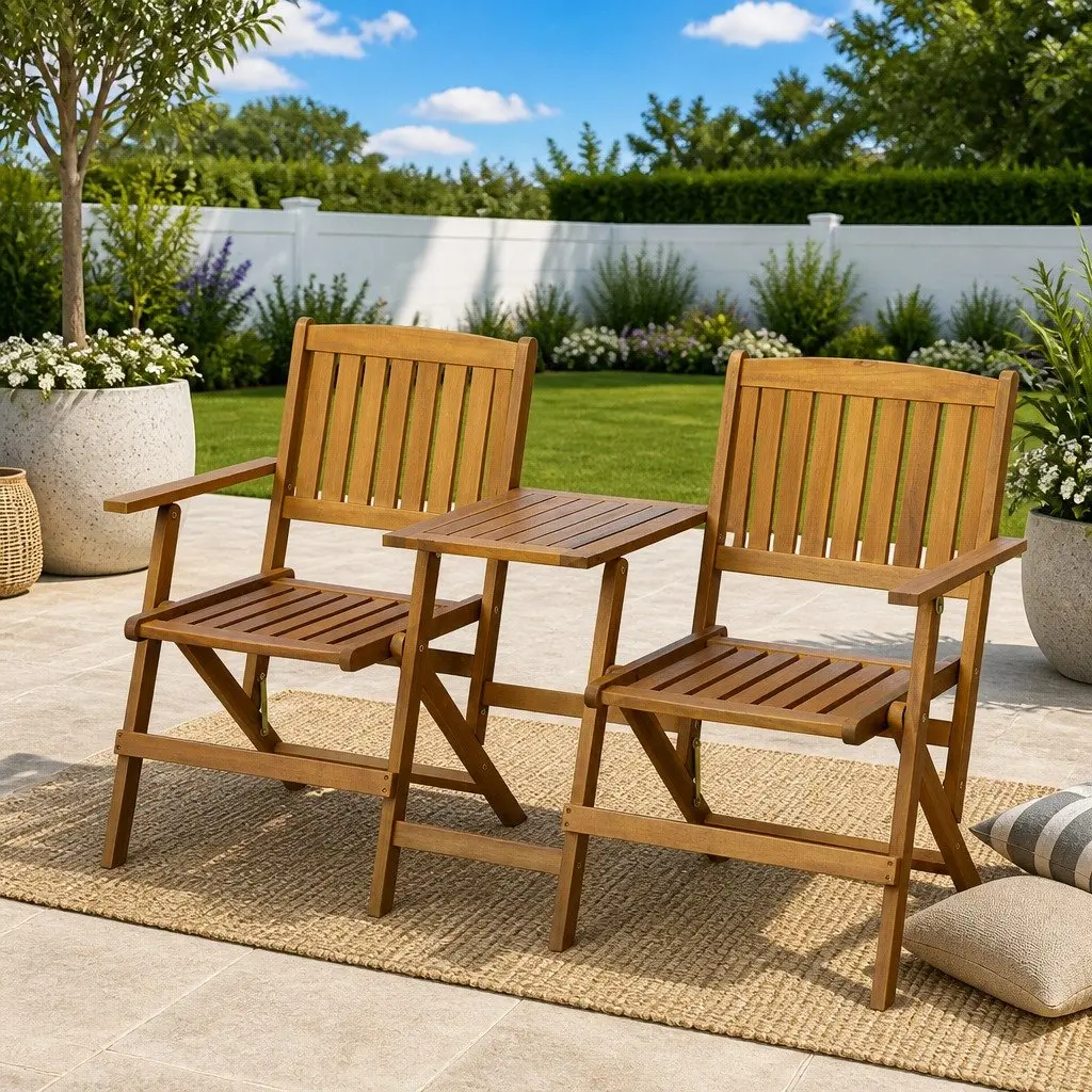 Folding Wooden Garden Bench with Integrated Tea Table 140cm for Two Persons Brown