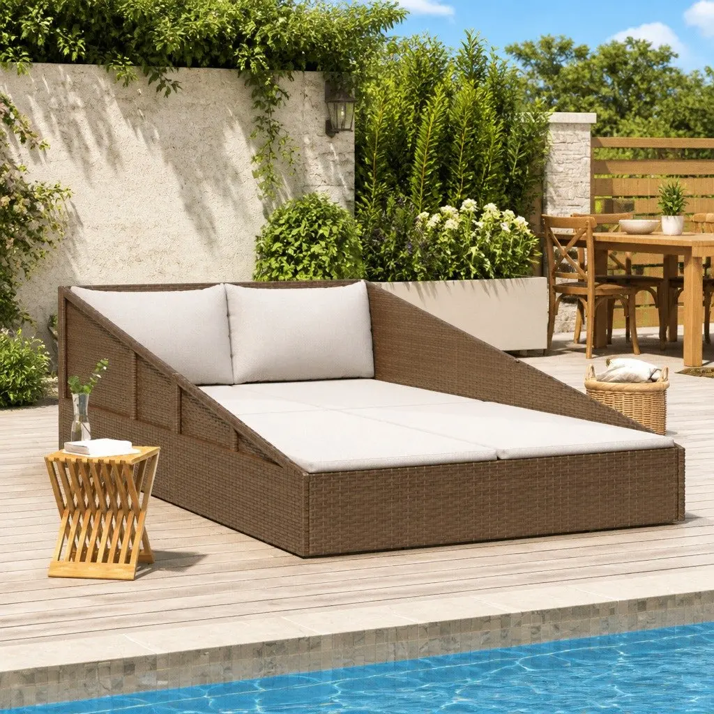Outdoor Daybed Weather-Resistant PE Rattan 2-Person Brown Patio Lounger with Cushions