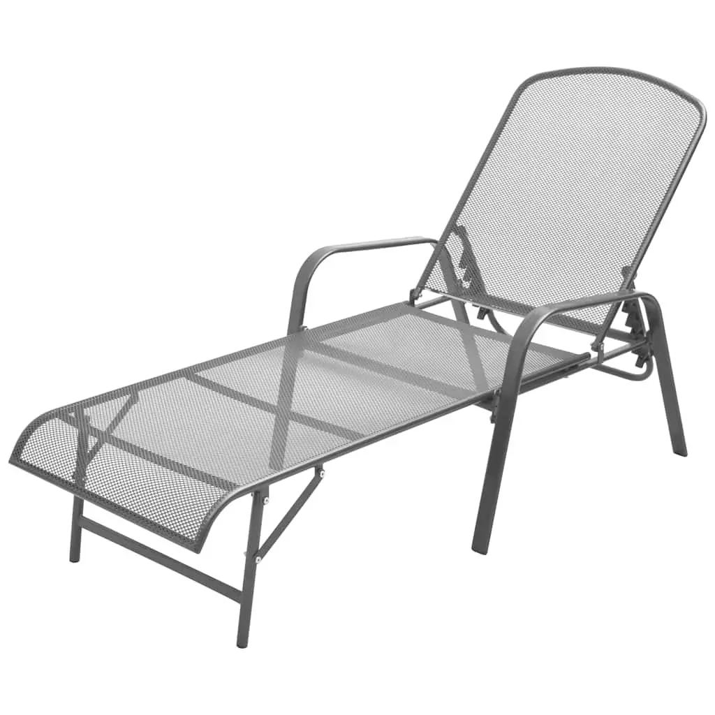 Sun Loungers Set 2 Piece Folding Table 5 Position Reclining Backrest Steel Mesh Anthracite Outdoor Seating
