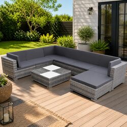 8 Piece Outdoor Lounge Set Grey Poly Rattan Sofa Patio Garden Furniture Cushions