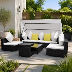 7 Piece Garden Lounge Set Outdoor Rattan Sofa with Canopy Black Modular Patio