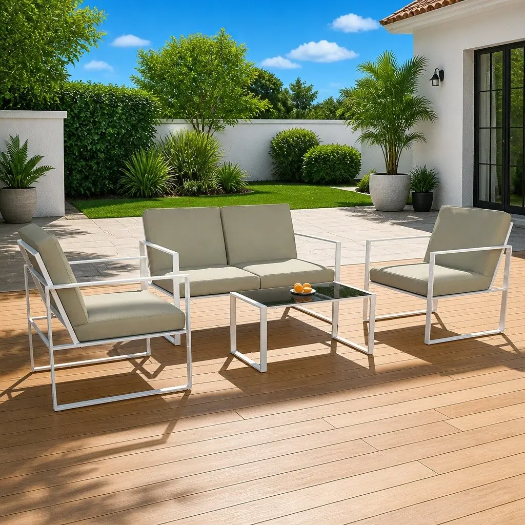 Outdoor Lounge Set 4 Piece Sofa Chairs Coffee Table with Cushions White