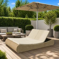 Outdoor Lounge Bed Poly Rattan Beige Garden Patio Sunlounger Chaise Longue