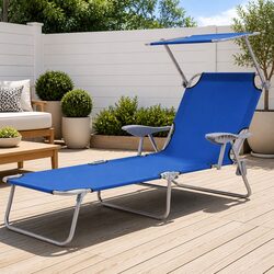 Foldable Sun Lounger with Adjustable Canopy Steel Frame Outdoor Beach Chair Blue