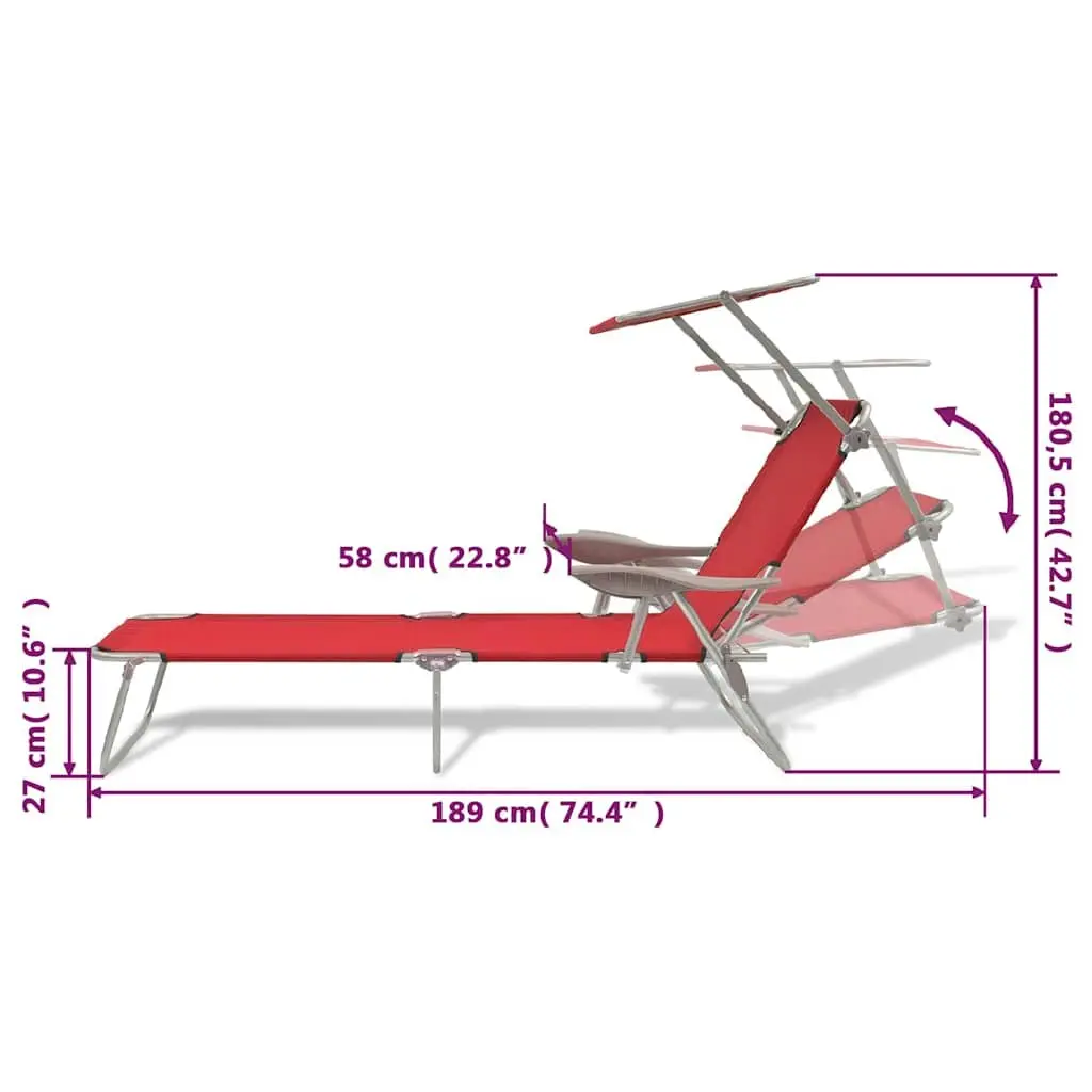 Sun Lounger Adjustable Canopy Foldable Beach Chair Red Outdoor