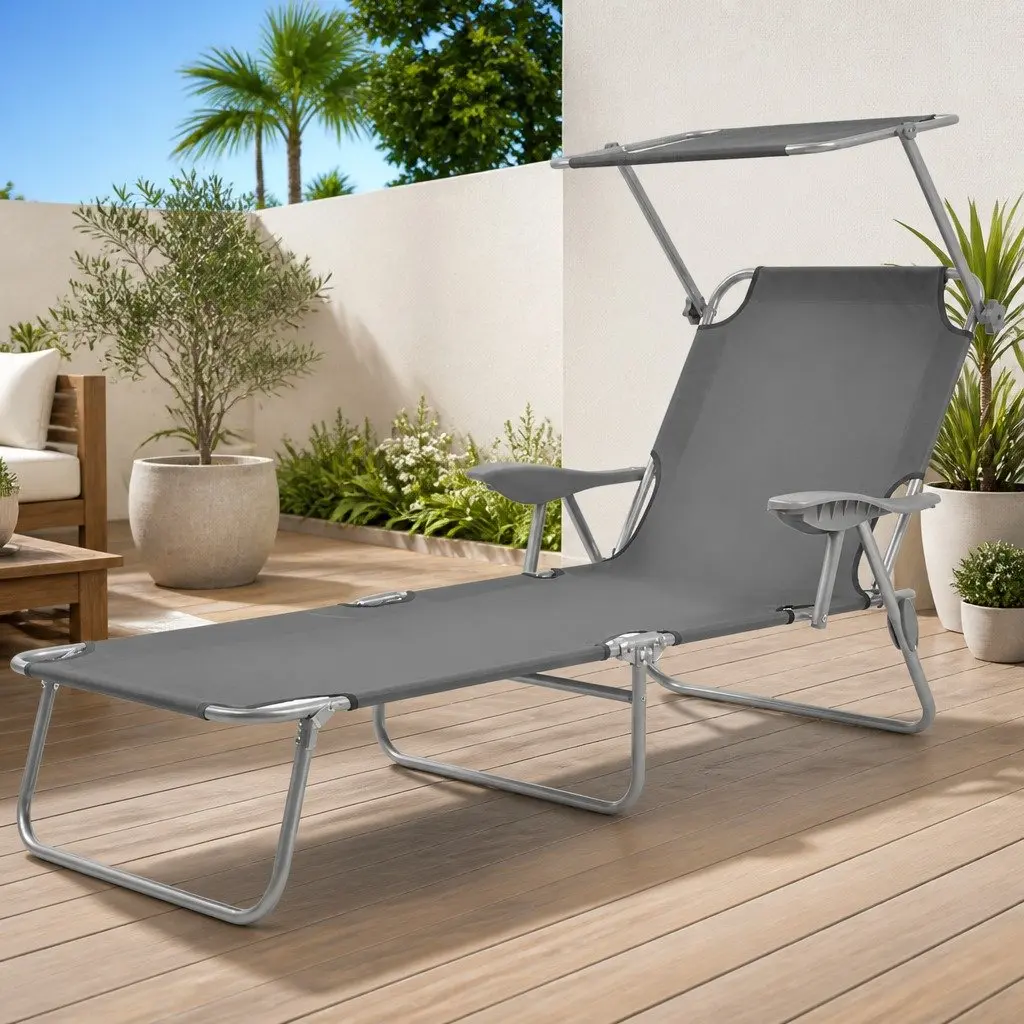 Sun Lounger Adjustable Canopy Foldable Beach Lounge Chair Grey Outdoor