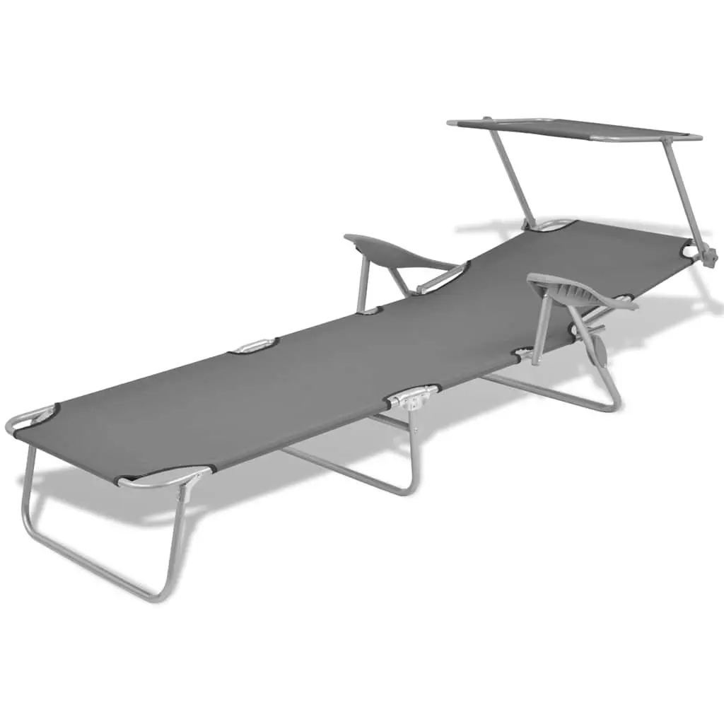 Sun Lounger Adjustable Canopy Foldable Beach Lounge Chair Grey Outdoor