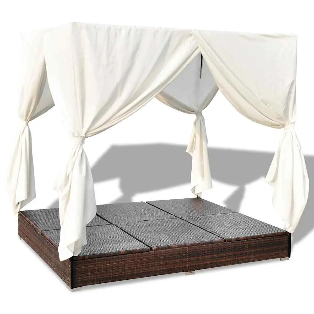 Outdoor Lounge Bed Adjustable for 2 People Brown Poly Rattan with Curtains