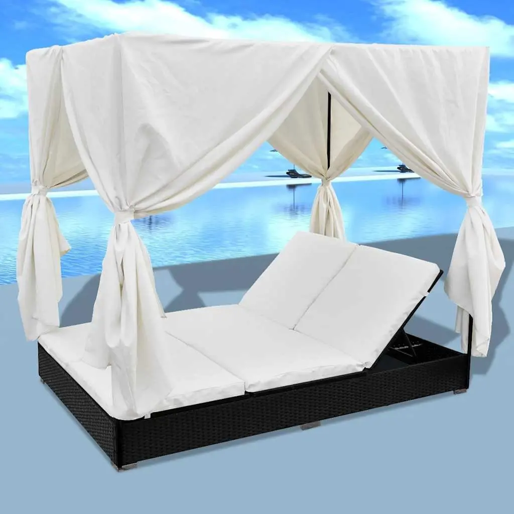 Outdoor Lounge Bed for 2 Weather-Resistant PE Rattan Daybed with Curtains Adjustable Black