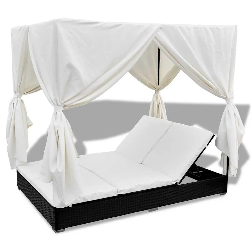 Outdoor Lounge Bed for 2 Weather-Resistant PE Rattan Daybed with Curtains Adjustable Black