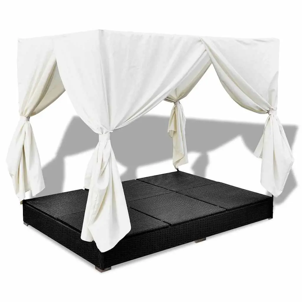 Outdoor Lounge Bed for 2 Weather-Resistant PE Rattan Daybed with Curtains Adjustable Black