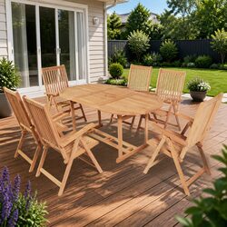 Outdoor Dining Set 7 Piece Teak Wood Table Folding Reclining Armchairs Garden