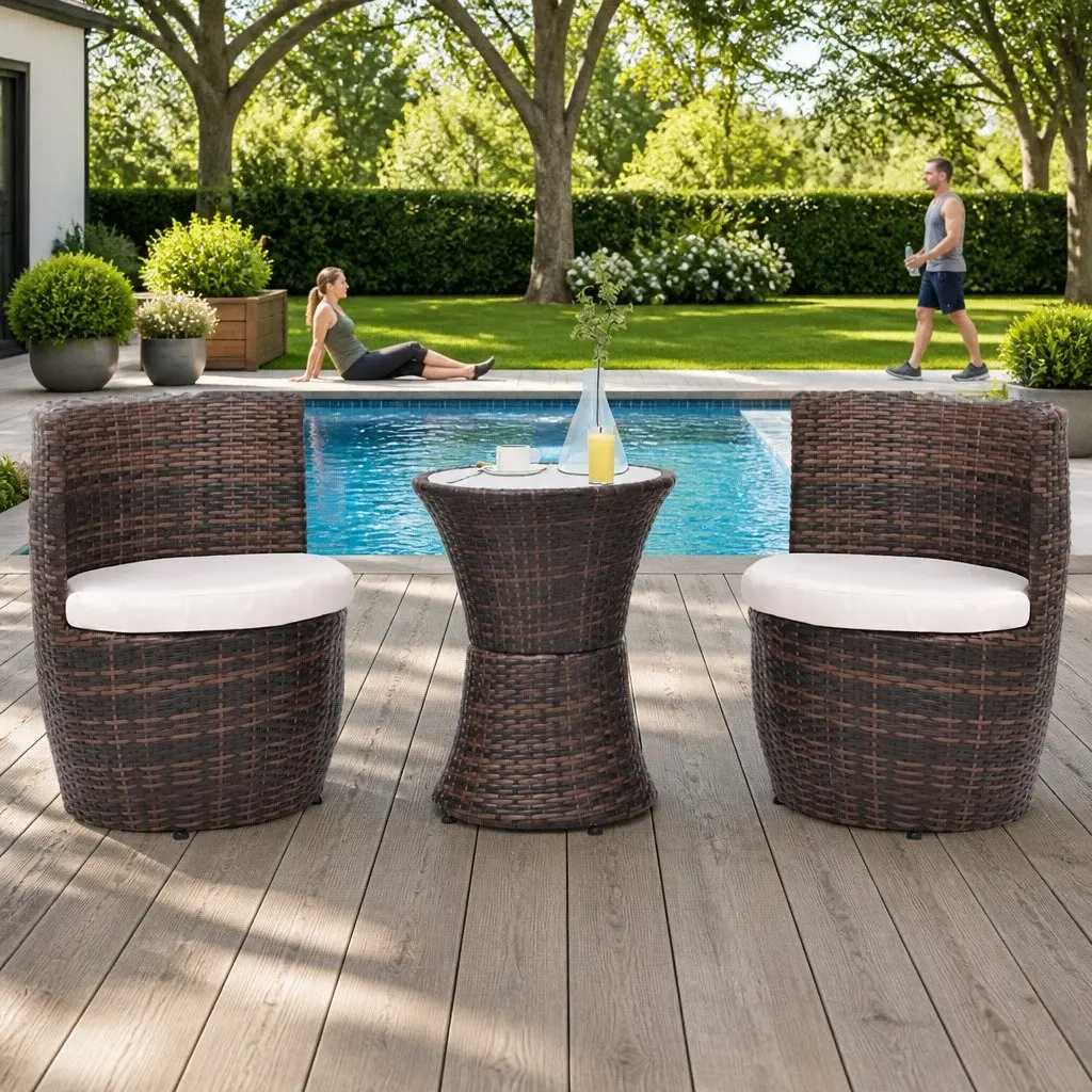 3 Piece Bistro Set Outdoor Garden Patio Furniture Rattan Table Chairs Cushions