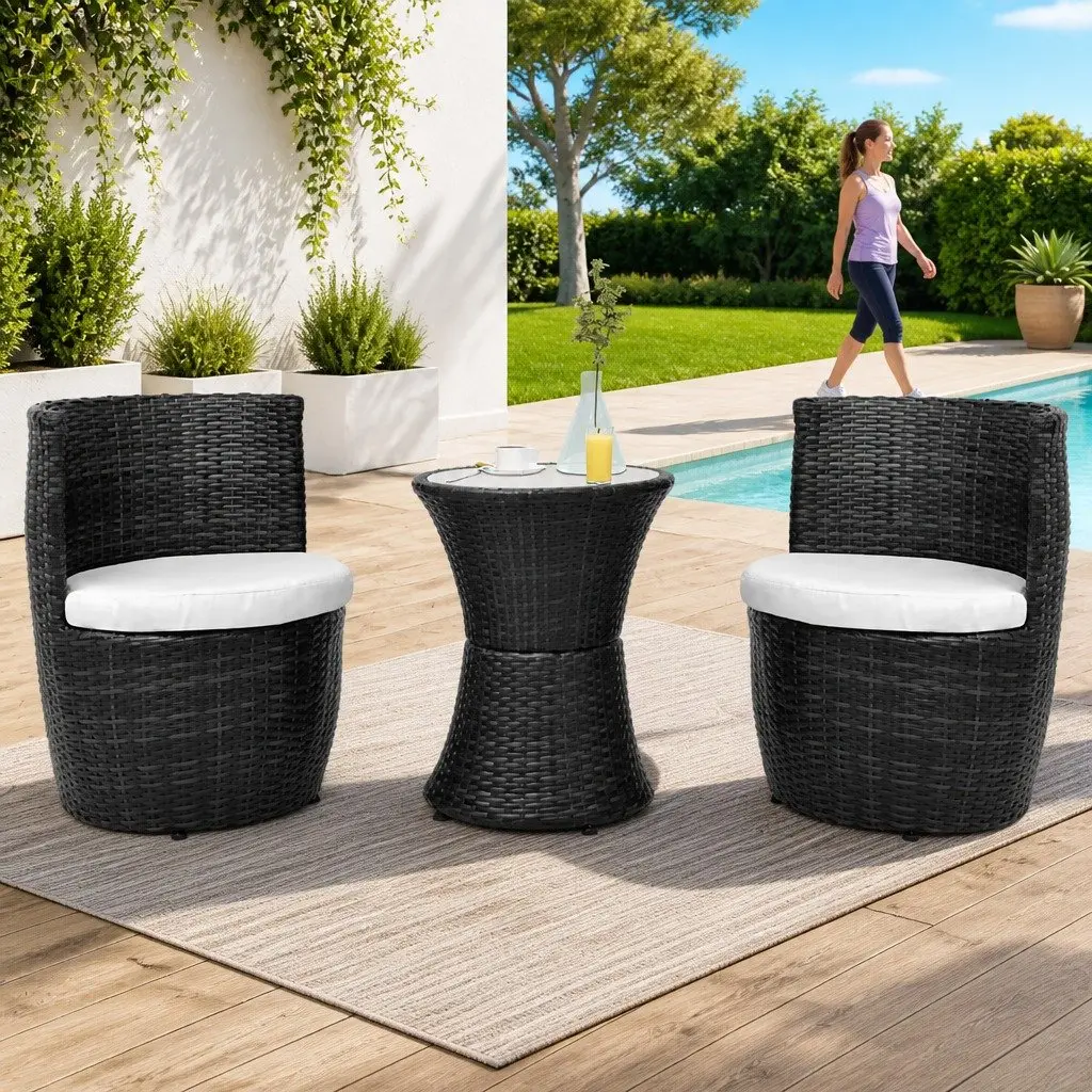 Rattan Bistro Set 3 Piece Outdoor Patio Furniture Table Chairs Cushions Black