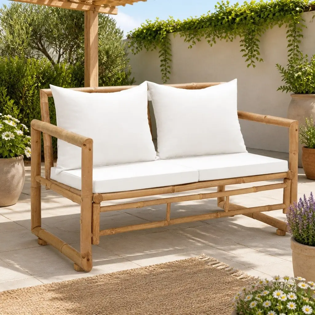 Bamboo Outdoor Bench 2 Seater with Removable Cushions Brown
