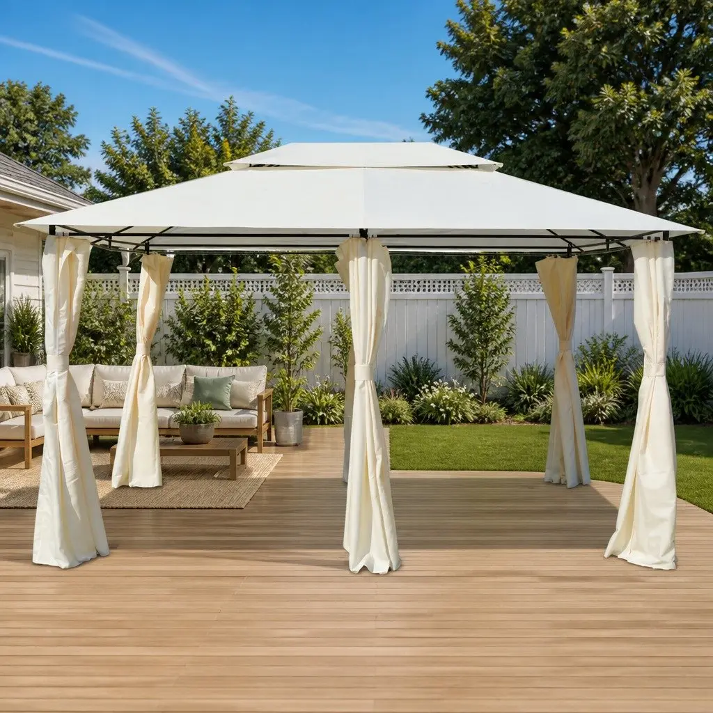Garden Gazebo with Curtains 4x3m White Outdoor Canopy