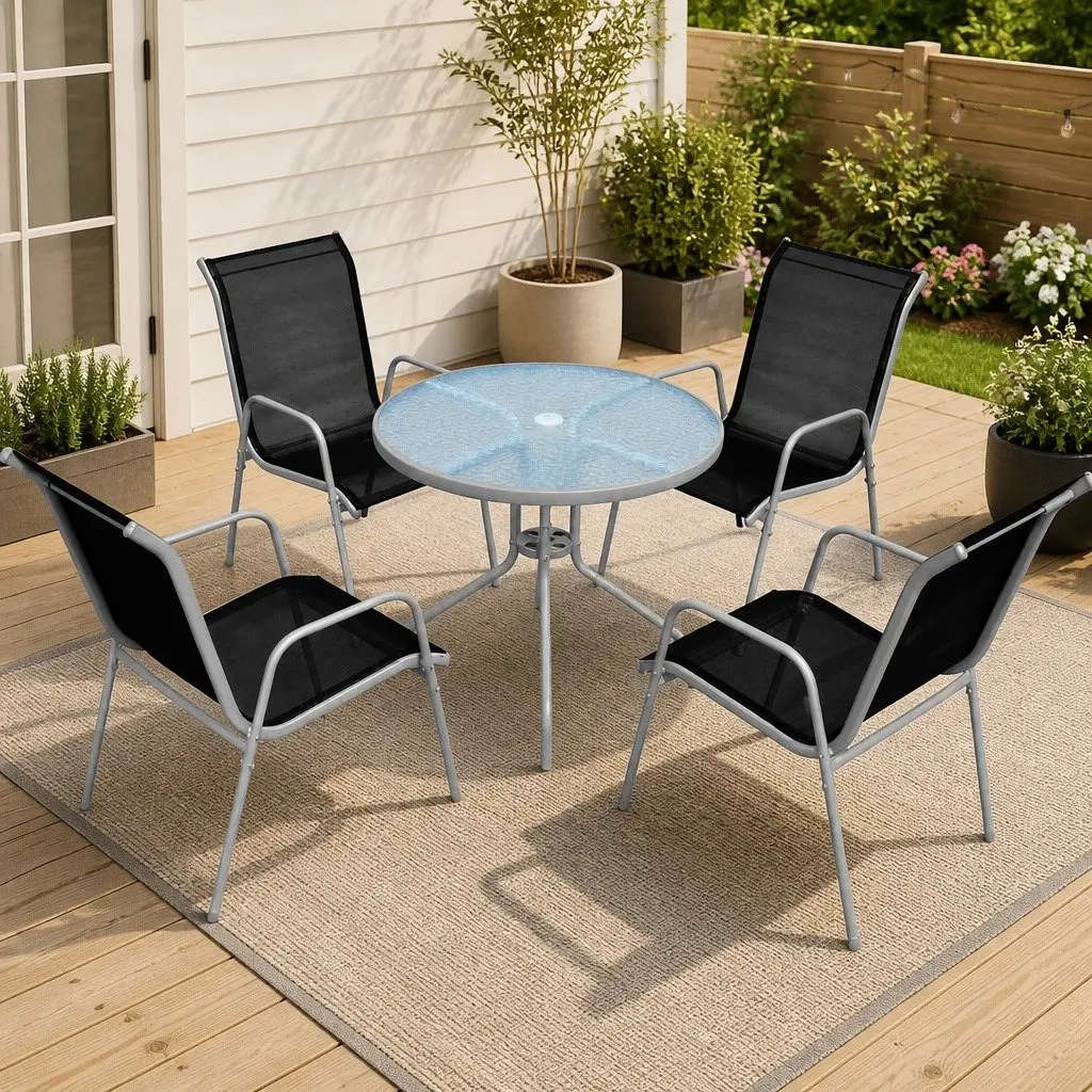 Outdoor Dining Set 5 Piece Garden Furniture Table with 4 Stackable Chairs Grey