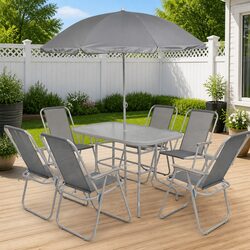 8 Piece Outdoor Dining Set Grey Steel Textilene Chairs Glass Table Umbrella