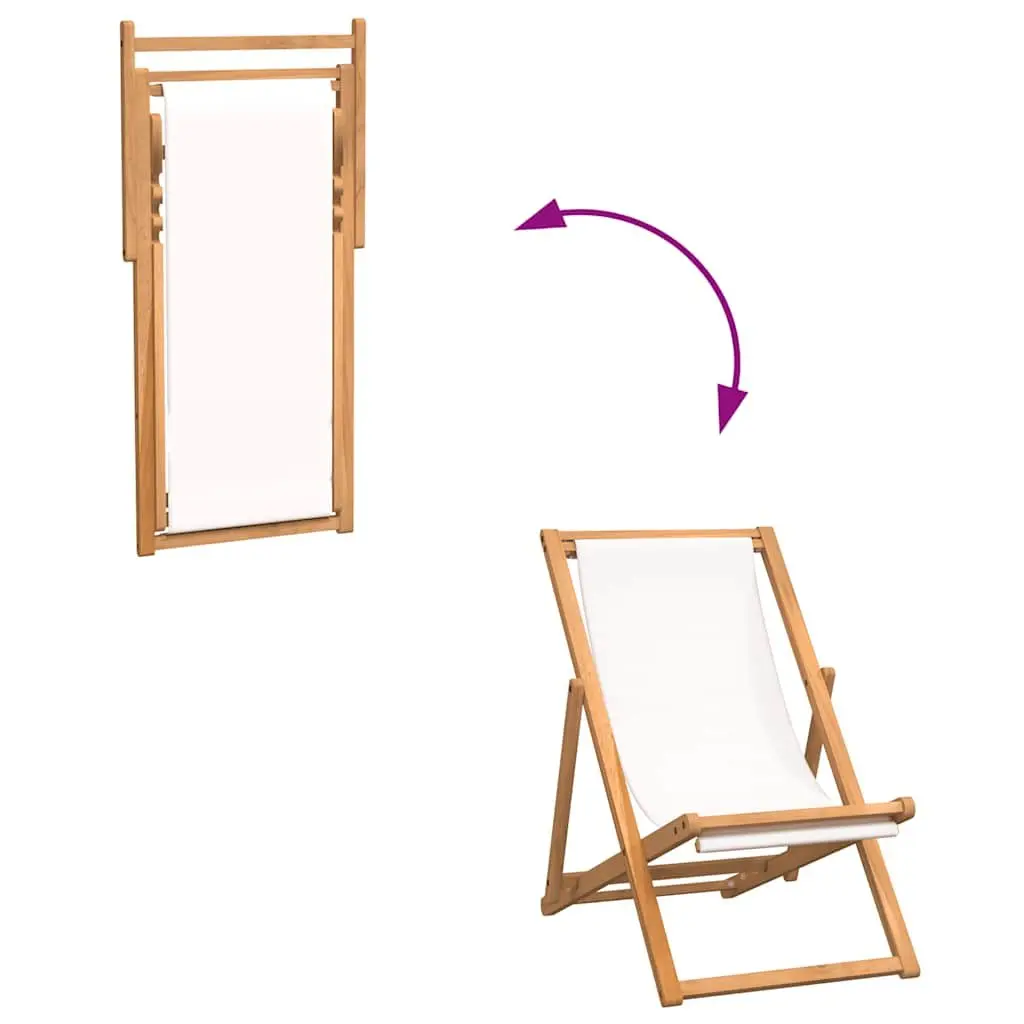 Deck Chair Teak Adjustable Backrest Folding Cream Outdoor Garden Furniture