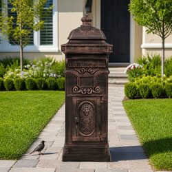 Pillar Letterbox Vintage Style Antique Garden Mailbox Rustproof Brown Outdoor
