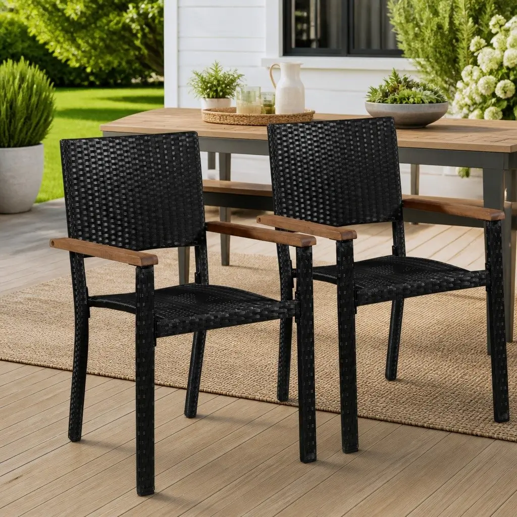 Outdoor Chairs 2 pcs Poly Rattan Black Garden Patio Dining Seating Armrest