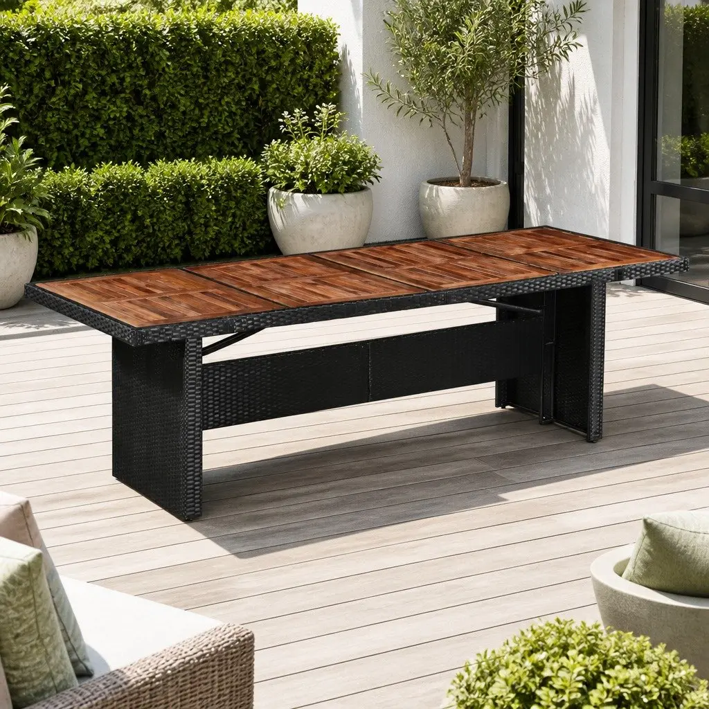 Garden Dining Table Poly Rattan Acacia Wood 240x90x74cm Brown