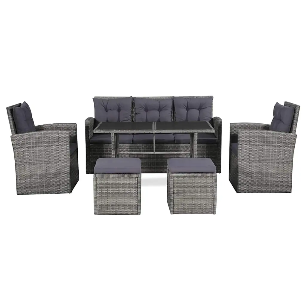 Garden Lounge Set 6 Piece Water-resistant PE Rattan Sofa Armchair Table Footstool Cushions Grey
