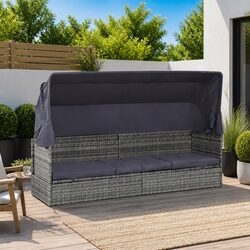 Sun Lounger with Canopy Grey Outdoor Garden Reclining Bed Poly Rattan Patio