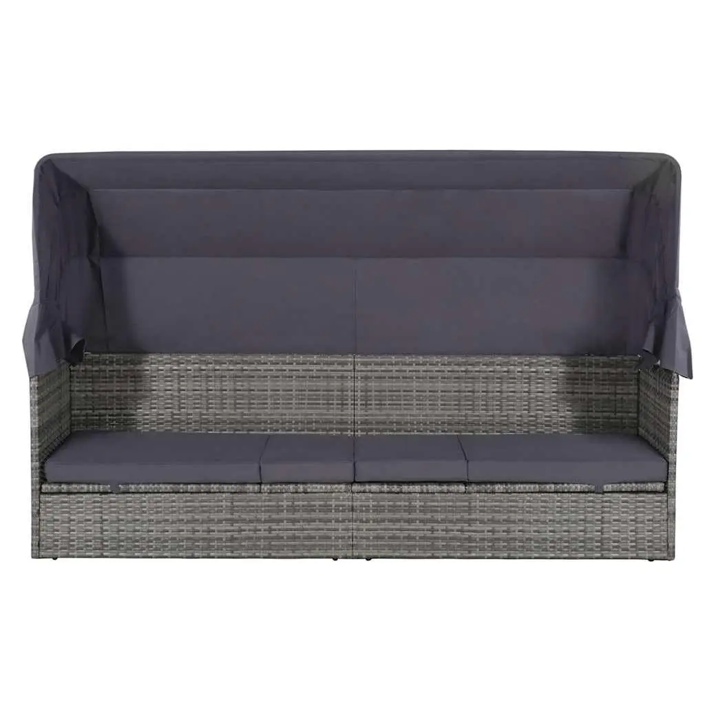 Sun Lounger with Canopy Adjustable Grey Outdoor Garden Reclining Bed Poly Rattan