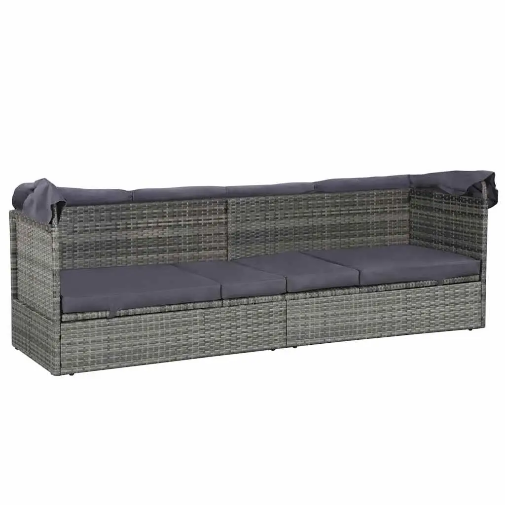 Sun Lounger with Canopy Adjustable Grey Outdoor Garden Reclining Bed Poly Rattan