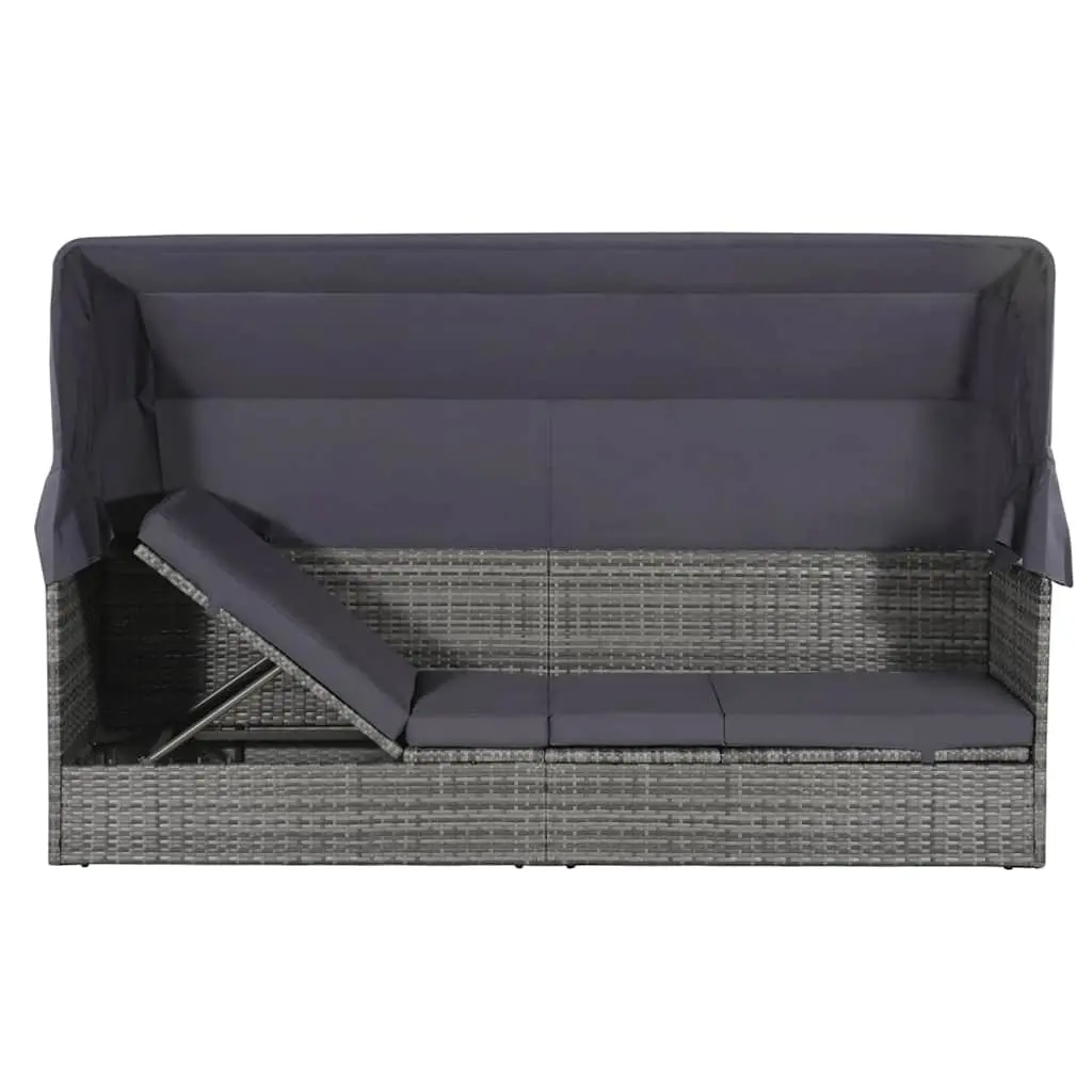 Sun Lounger with Canopy Adjustable Grey Outdoor Garden Reclining Bed Poly Rattan