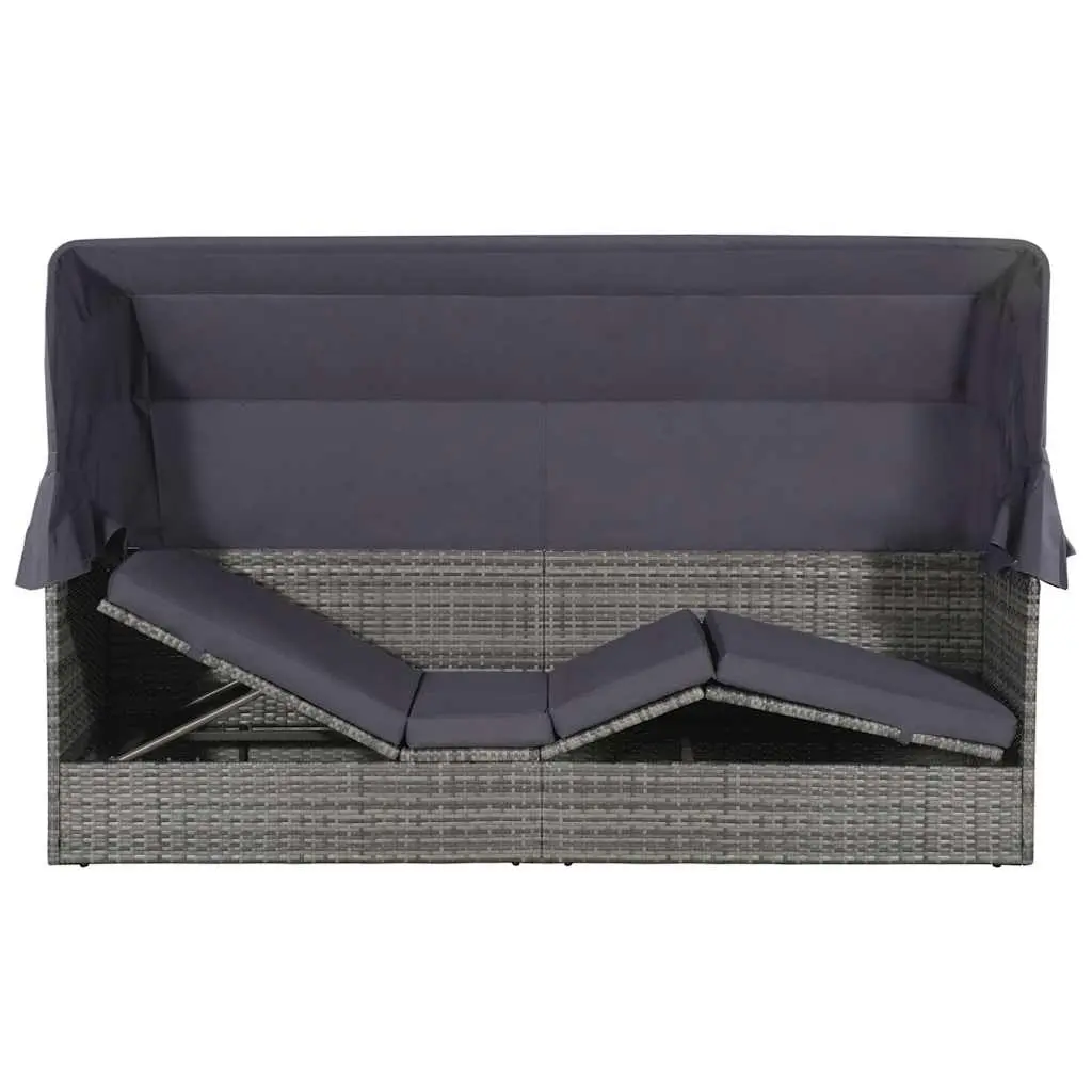 Sun Lounger with Canopy Adjustable Grey Outdoor Garden Reclining Bed Poly Rattan