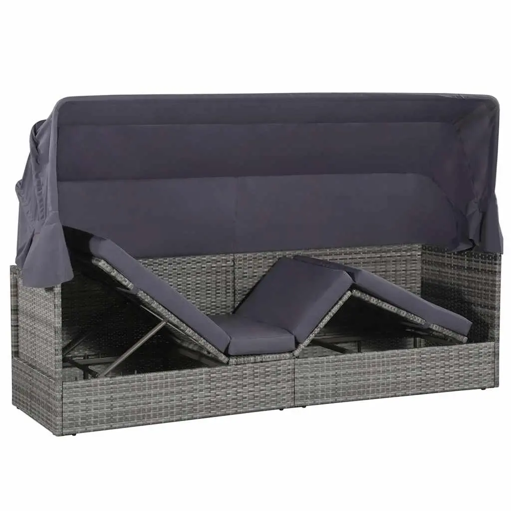 Sun Lounger with Canopy Adjustable Grey Outdoor Garden Reclining Bed Poly Rattan