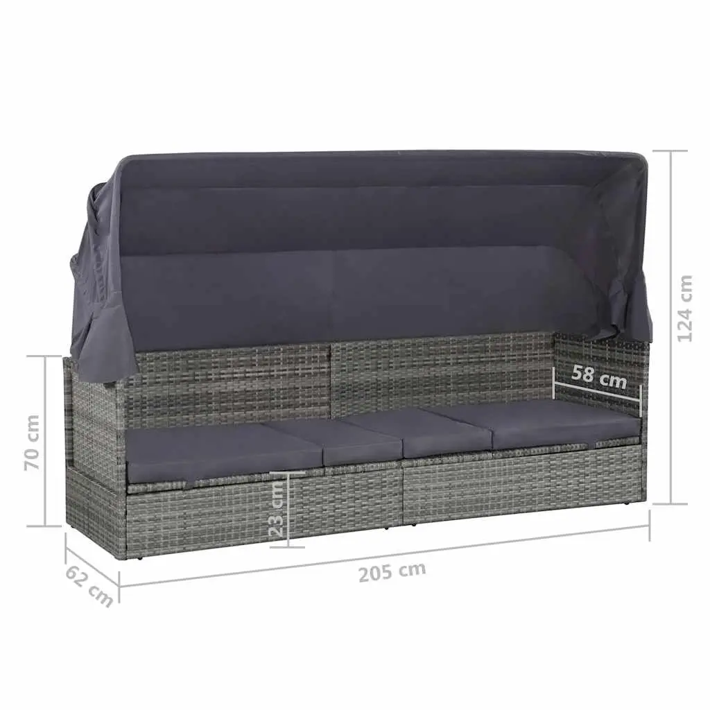 Sun Lounger with Canopy Adjustable Grey Outdoor Garden Reclining Bed Poly Rattan