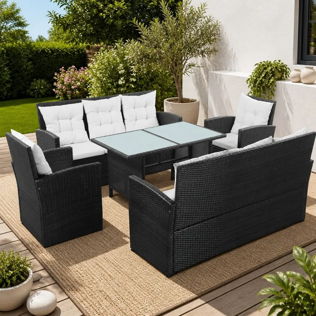 5 Piece Garden Lounge Set Poly Rattan Sofa Armchairs Table Black Outdoor Patio