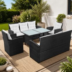 5 Piece Garden Lounge Set Poly Rattan Sofa Armchairs Table Black Outdoor Patio