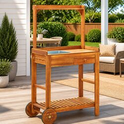 Garden Kitchen Trolley Serving Cart Solid Wood Storage Drawer Shelf Hooks Wheels
