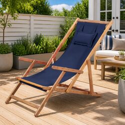 Folding Beach Chair Wooden Frame Reclining Outdoor Garden Patio Camping Blue