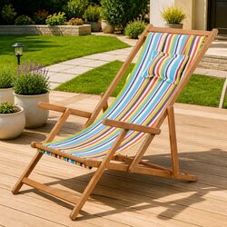 Folding Beach Chair Wooden Frame Multicolour Outdoor Garden Patio Reclining