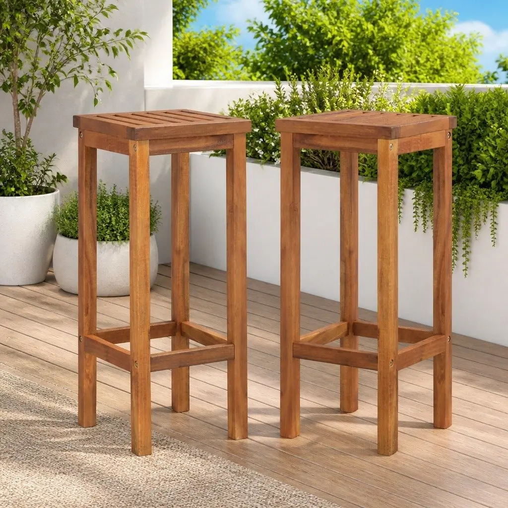 Outdoor Bar Chairs Solid Acacia Wood Footrest Brown Set of 2