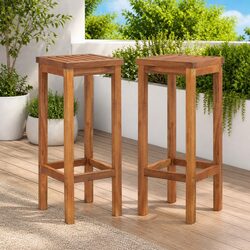 Outdoor Bar Chairs Set of 2 Solid Acacia Wood Footrest Garden Seating
