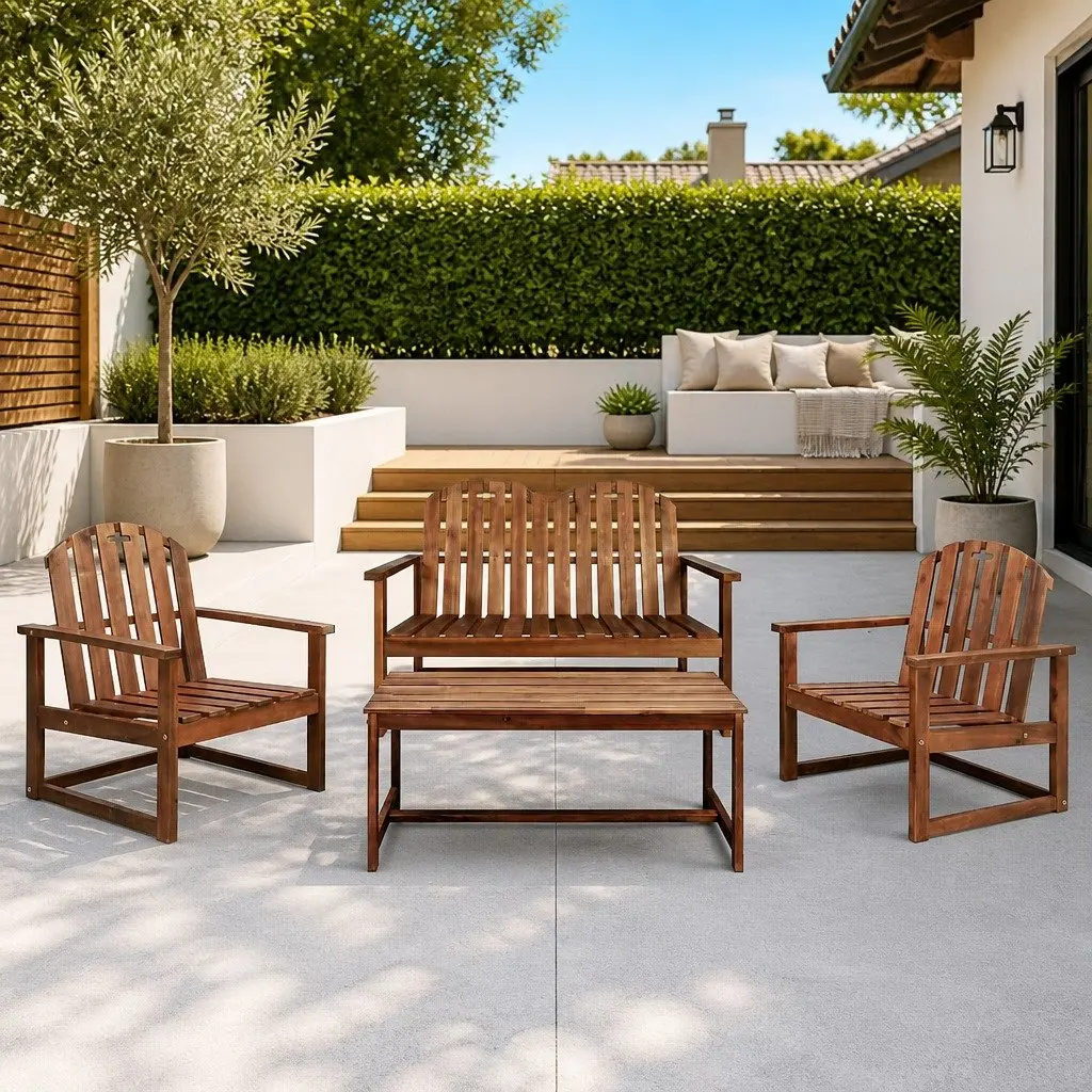 Outdoor Lounge Set 4 Piece Solid Acacia Wood Brown Sofa Bench Chairs