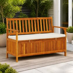 Outdoor Storage Bench Solid Wood Garden Seating with Backrest Armrests Cushion