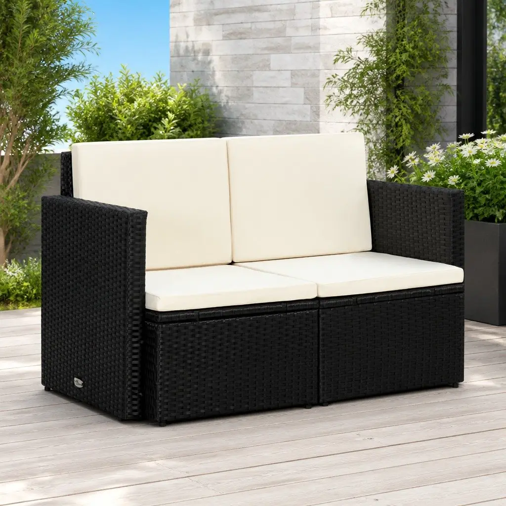 2 Seater Outdoor Sofa Water Resistant PE Rattan Black with Cushions
